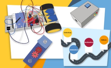 come with(me) Module Ein Roboter, ein Luftmessgerät, ein Armband mit LED-Lampen und eine Betriebsrallye